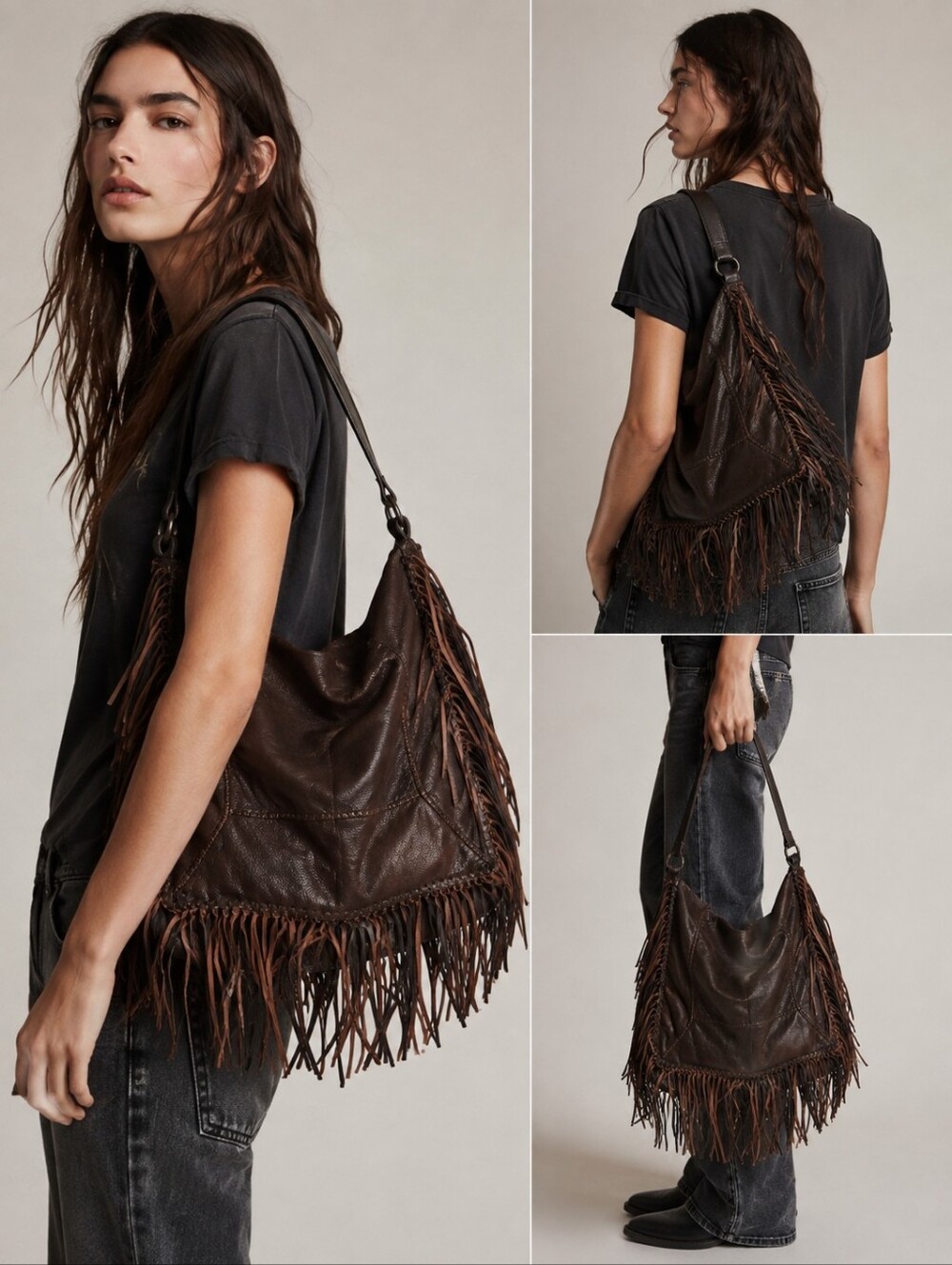All Saints Brown Leather Fringe Shoulder Bag